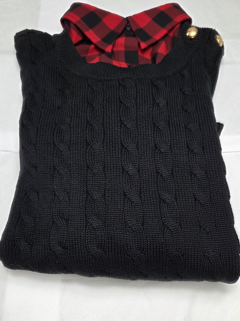 Lauren Ralph Lauren Cable-Knit Layered Sweater Red Buffalo Plaid Size M
